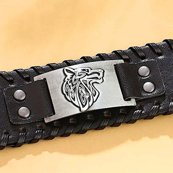 LEATHER WOLF HEAD VIKING STAINLESS STEEL BRACELET - Picture 5 of 8